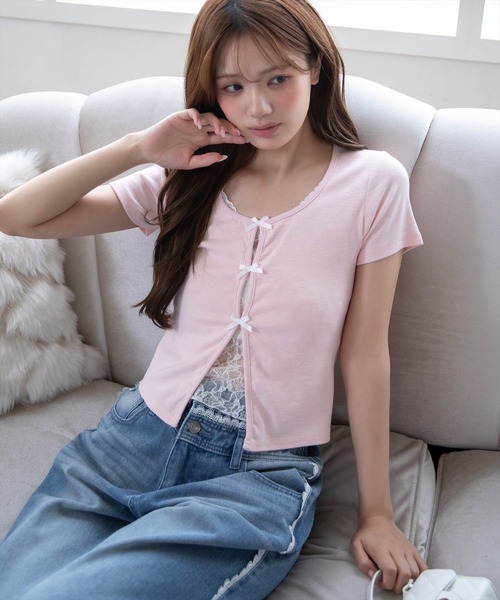 clear tシャツ 半袖 フロントリボンレースレイヤード風カットソー