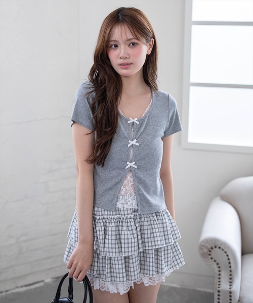 clear tシャツ 半袖 フロントリボンレースレイヤード風カットソー
