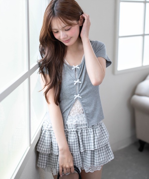 clear tシャツ 半袖 フロントリボンレースレイヤード風カットソー