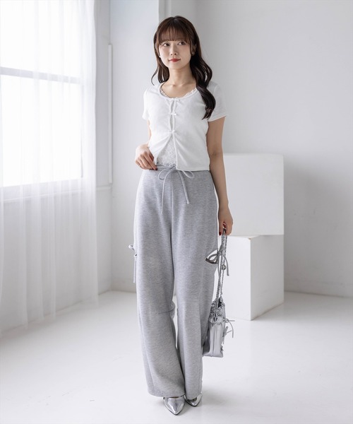 clear tシャツ 半袖 フロントリボンレースレイヤード風カットソー
