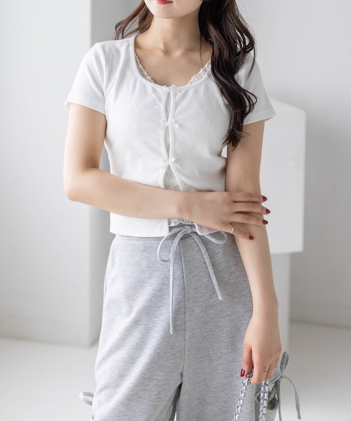 clear tシャツ 半袖 フロントリボンレースレイヤード風カットソー