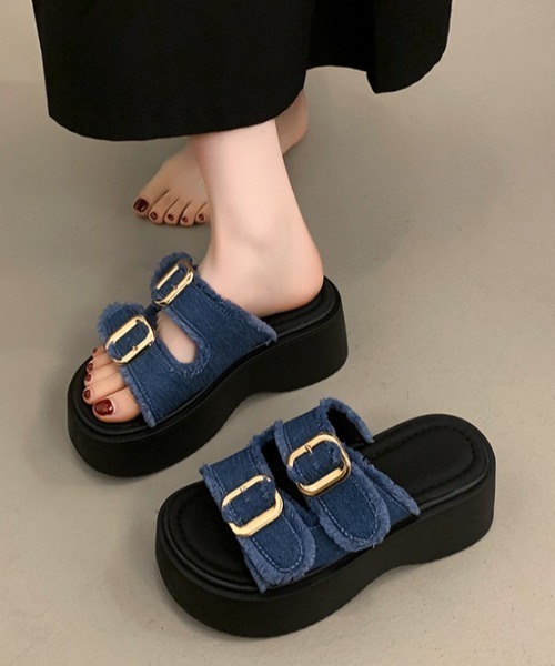 厚底サンダル ブラック ダブルベルト LACーVERT 厚底 サンダル 夏 ダブルベルト厚底サンダル レディース