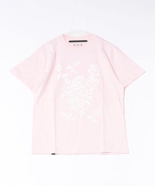 tシャツ 5．6オンスコットン天竺ローズモチーフプリントTシャツ レディースの画像