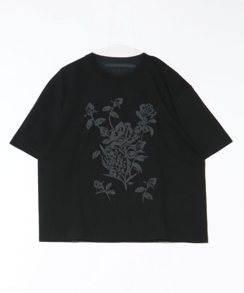 tシャツ 5．6オンスコットン天竺ローズモチーフプリントTシャツ レディースの画像