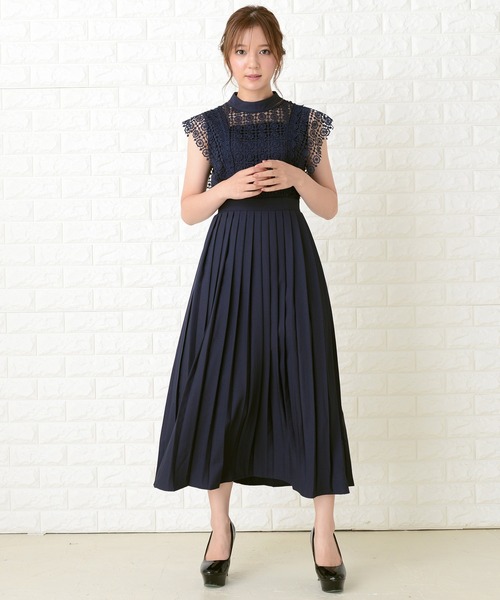 Lace Ladies ドレス スタンドネックレースデザインワンピース
