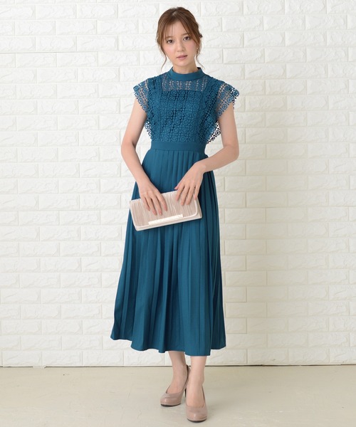 Lace Ladies スタンドネックレースデザインワンピースドレス グレー L Lace Ladies ドレス スタンドネックレースデザインワンピース