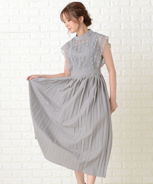 Lace Ladies スタンドネックレースデザインワンピースドレス グレー L Lace Ladies ドレス スタンドネックレースデザインワンピース