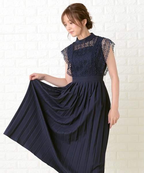 Lace Ladies スタンドネックレースデザインワンピースドレス グレー L Lace Ladies ドレス スタンドネックレースデザインワンピース