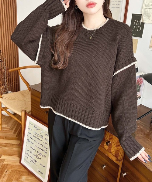 定価1万円以上引き！美品！ロゴモノグラムニットプルオーバー / ネイビー moment+ ニット セーター 「累計販売枚数1万枚突破！」3Gピコ