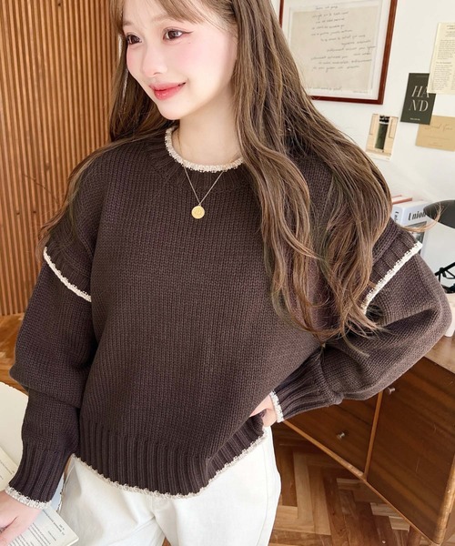 定価1万円以上引き!美品!ロゴモノグラムニットプルオーバー / ネイビー moment+ ニット セーター 「累計販売枚数1万枚突破!」3Gピコ