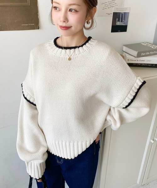 moment+ ニット セーター 「累計販売枚数1万枚突破！」ローゲージ配色