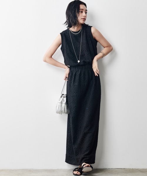 黒　レース　ワンピース　Lサイズ ブラックフォーマル 衿レースワンピース ゆったりサイズ FX8P066B-ML