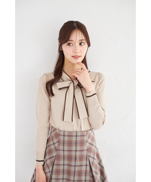 トッコ 配色ライン入りオフショル風ボウタイニットプルオーバー 半袖 ネイビー TOCCO closet - トッコ 配色ライン入りオフショル風ボウタイニットプル