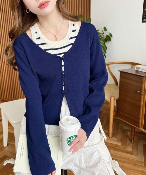 アンサンブル Vネックニットカーディガン＆アメスリボーダーニット  