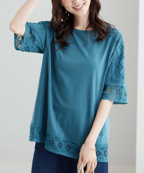 BELLUNA PLUS（ベルーナプラス） tシャツ 花柄レース使いデザインプル