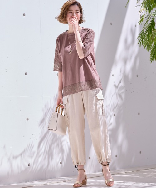 BELLUNA PLUS tシャツ 花柄レース使いデザインプルオーバー