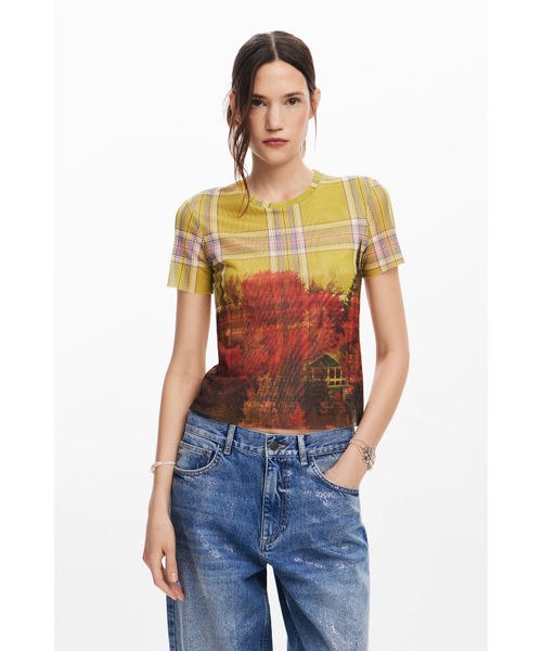 ブラウス シャツ チェックlandscape ミニ丈プリントTシャツ レディース Desigual ブラウス シャツ チェックlandscape ミニ丈プリントT