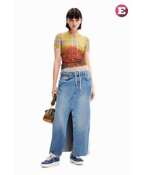 ブラウス シャツ チェックlandscape ミニ丈プリントTシャツ レディース Desigual ブラウス シャツ チェックlandscape ミニ丈プリントT