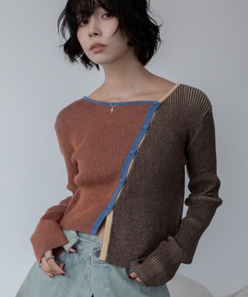カーディガン アシンメトリーMIX配色リブニットカーディガン/新色追加