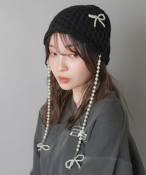 リボン付き黒ウールニット帽 - 帽子 | 推奨 引きクーポン発行中
