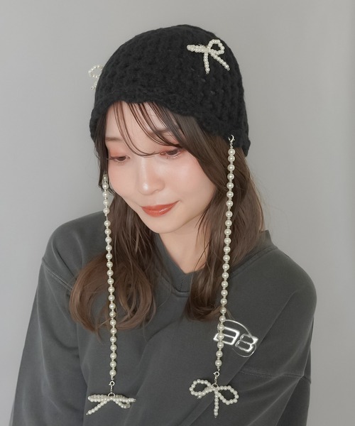 SPINNS ニット帽 ニットキャップ パールリボン付きレース