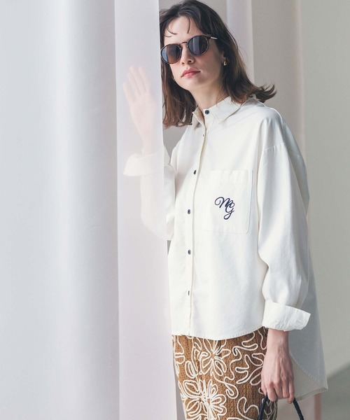 ブラウス シャツ バックテール長袖シャツ レディース margaux ブラウス シャツ 刺繍ロゴバックテールシャツ
