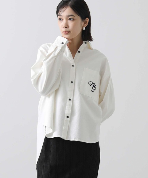 ブラウス シャツ バックテール長袖シャツ レディース margaux ブラウス シャツ 刺繍ロゴバックテールシャツ