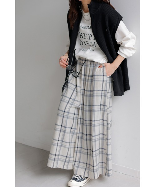 【美品】クレッシェントデュオ リネン混 チェック柄 ワイドパンツ M 切替 HUG.U（ハグユー） ワイドパンツ パンツ リネンチェックパンツ