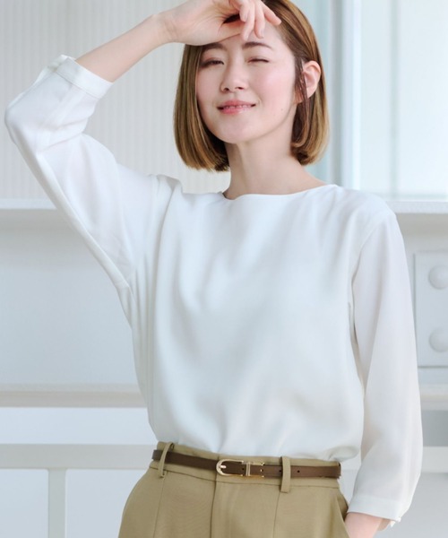 AOYAMA ブラウス シャツ 「自宅で洗える」ボートネック袖パール