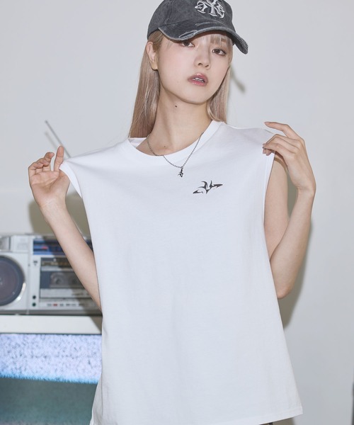 tシャツ ヴィンテージライクロゴノースリーブ レディース セール】ヴィンテージライク ノースリーブ プリントTシャツ【IR