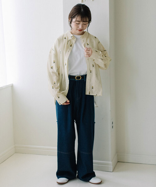 POU DOU ブラウス シャツ 「made in INDIA」シロツメクサ刺繍
