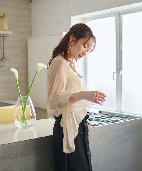 mideal ブラウス シャツ 2way sheer flare sleeves ribbon tops