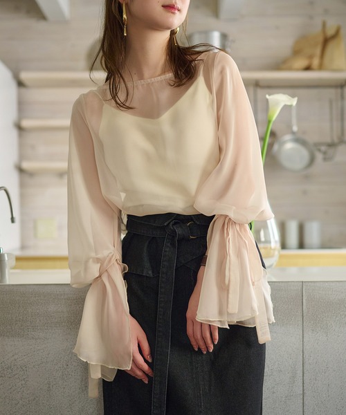 mideal ブラウス シャツ 2way sheer flare sleeves ribbon tops