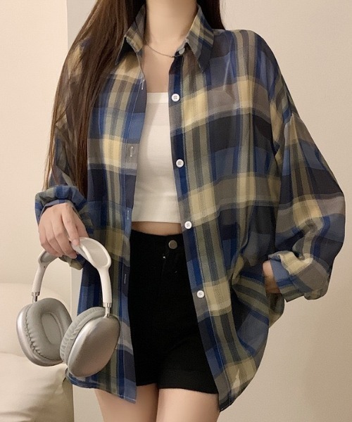 ブラウス シャツ チェック柄ルーズシアーシャツ レディース : ZOZOTOWN
