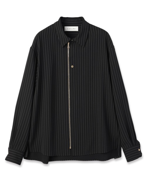CULLNI ストライプ 半袖シャツ 黒 CULLNI シャツ Stripe Double Cloth Zip Up Shirt メンズ