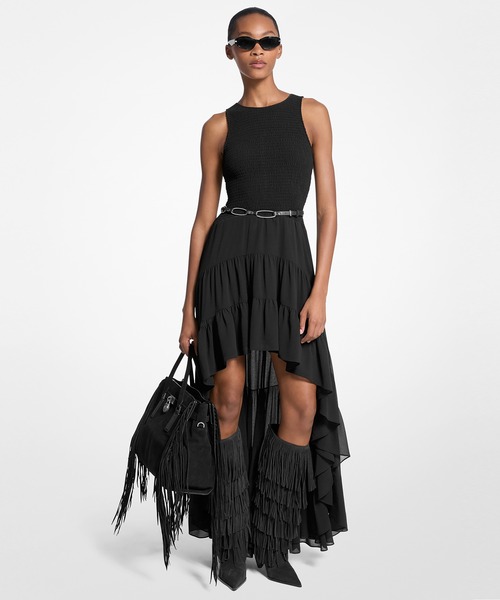 24年モデル✨美品　GANNI プリーツジョーゼットレイヤースモックミディドレス MICHAEL KORS（マイケルコース） ワンピース ジョーゼット スモック