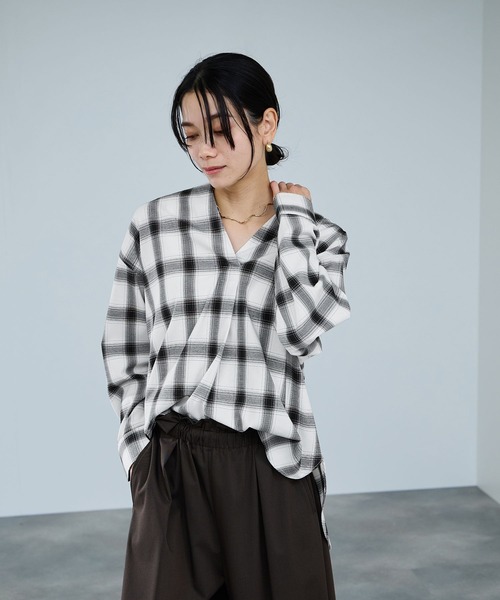 GASA❄︎チェックブラウス ブラウス シャツ milli de l'air Key-Neck Check Blouse/キーネック