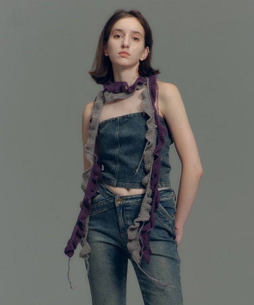 マフラー ストール Y2K ウール混 ボーダーニットスカーフ マフラー