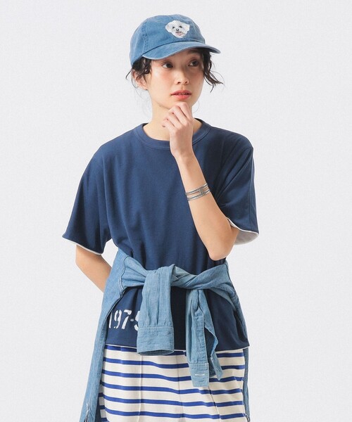 BEAMS BOY 青色 半袖トップス フリーサイズ BEAMS BOY（ビームスボーイ）の「BEAMS BOY / メッシュ ヘンリーネック トップス