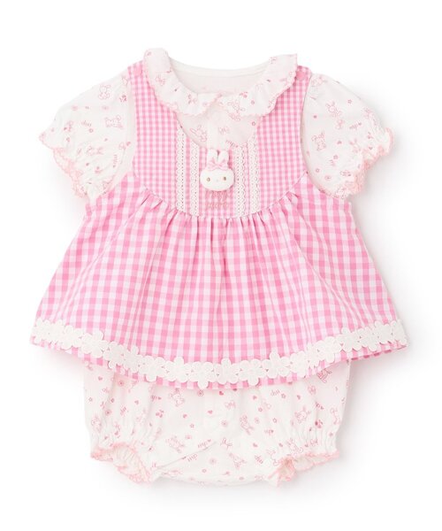 ⭐︎新品⭐︎メゾピアノ うさぎマスコット付きギンガムエプロンロンパース 【80㎝】 mezzo piano ベビー服 ロンパース ウサギマスコットつきギンガム