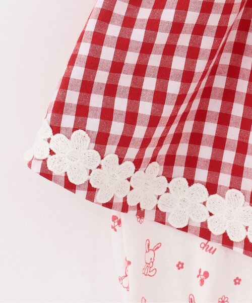 ⭐︎新品⭐︎メゾピアノ うさぎマスコット付きギンガムエプロンロンパース 【80㎝】 mezzo piano ベビー服 ロンパース ウサギマスコットつきギンガム