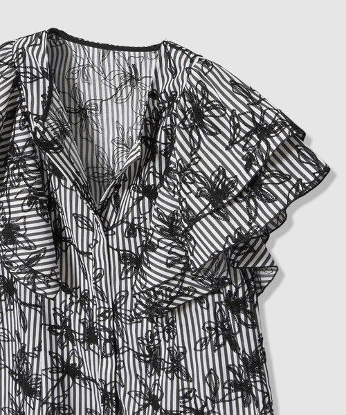 ブラウス シャツ フラワー刺繍ストライプ ブラウス レディースの画像