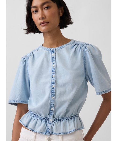 GAP（ギャップ） ブラウス シャツ 半袖 デニム ペプラム クロップド