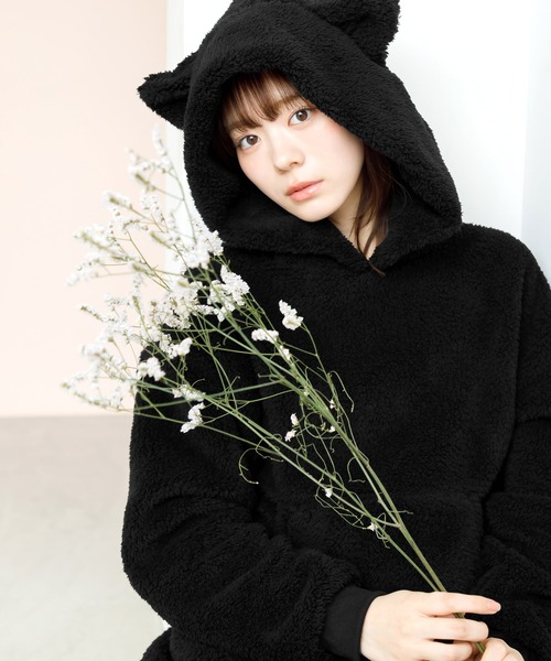ブラックタートルネックルームウェア 猫耳ポケット付き Dita（ディータ） パジャマ ルームウェア ぷっくり耳付き。ねこ耳