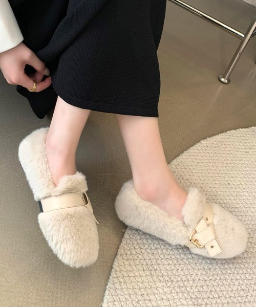 Dewlily バレエシューズ パンプス フェイクファーベルトシューズ