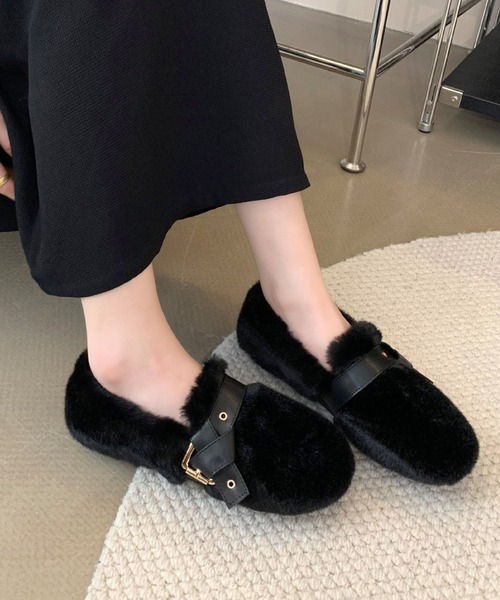 Dewlily バレエシューズ パンプス フェイクファーベルトシューズ