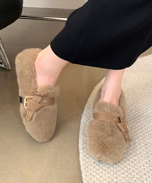 Dewlily バレエシューズ パンプス フェイクファーベルトシューズ