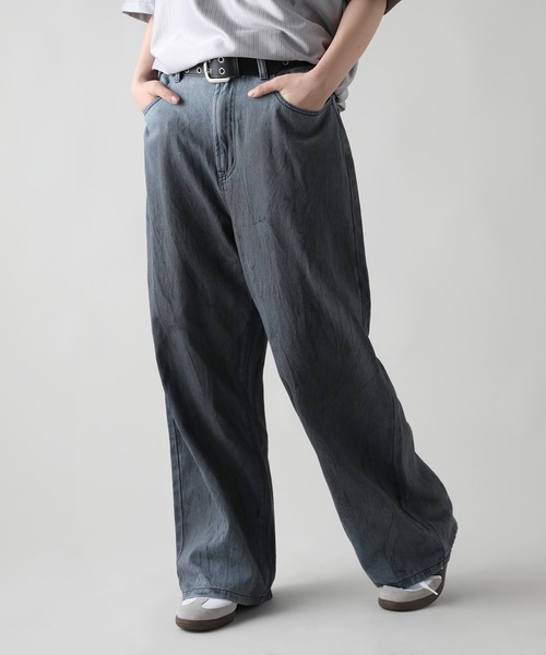 ジーンズ オーバーダイ/マルチ加工グランジバギーワイドデニムパンツ