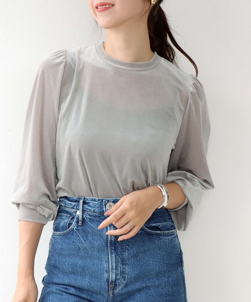 tシャツ シアートリコット ベロアパフスリーブトップス レディース