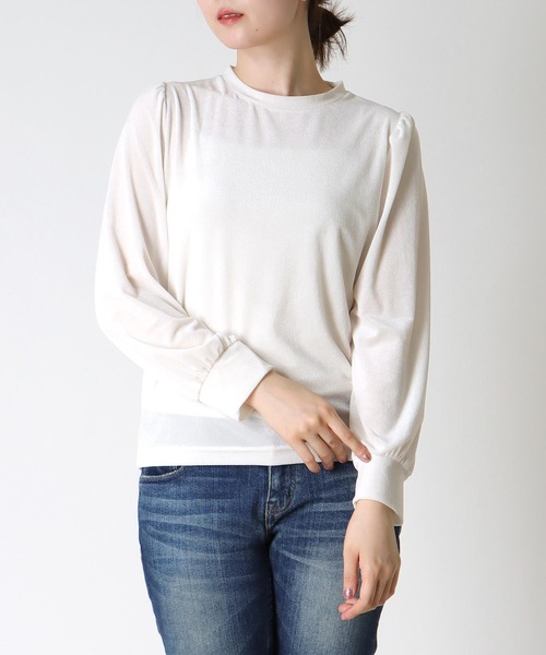 tシャツ シアートリコット ベロアパフスリーブトップス レディース Jines tシャツ シアートリコット ベロアパフスリーブトップス